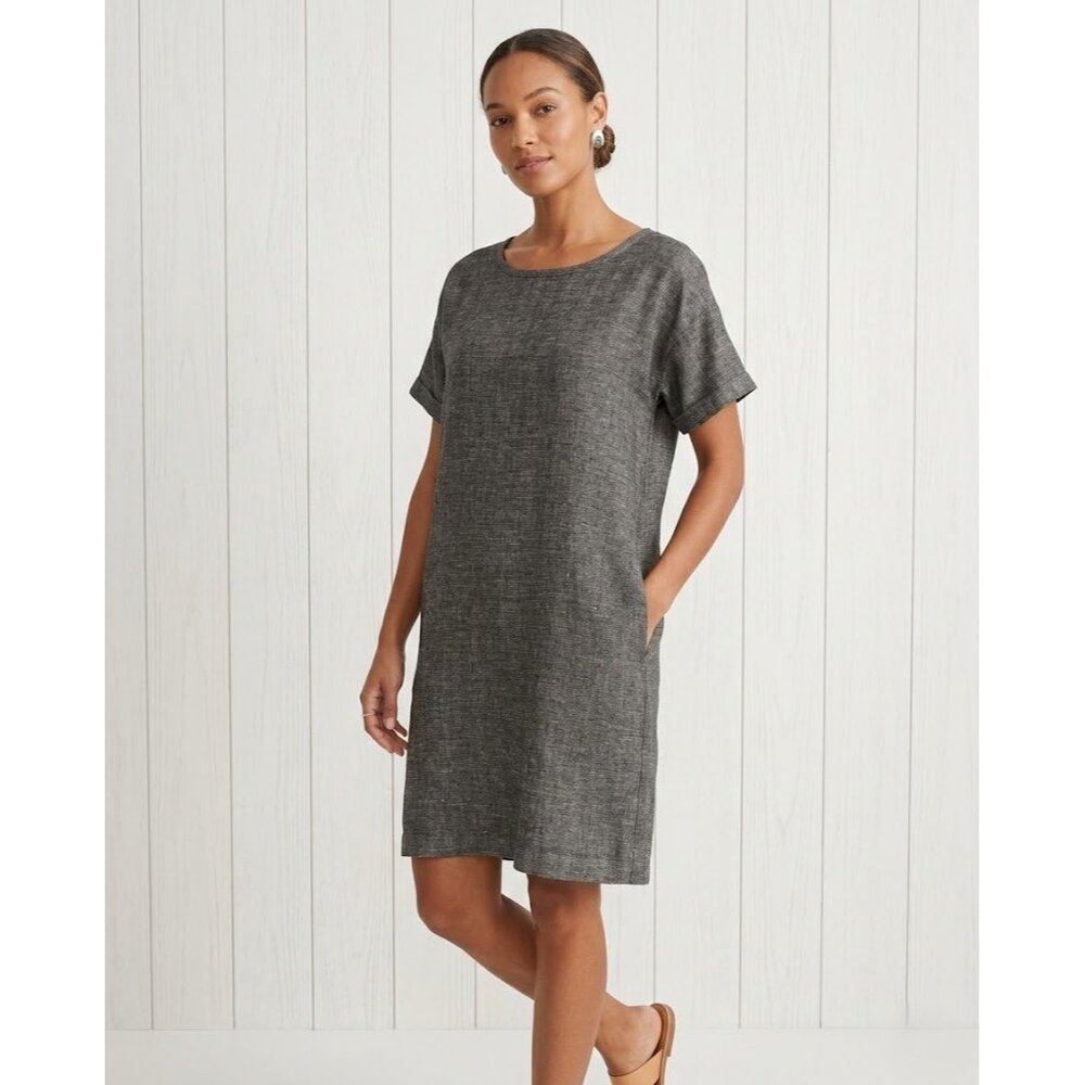 NWT Eileen Fisher Jewel Neck Shift in Black White Organic Linen Tweed Dress PM